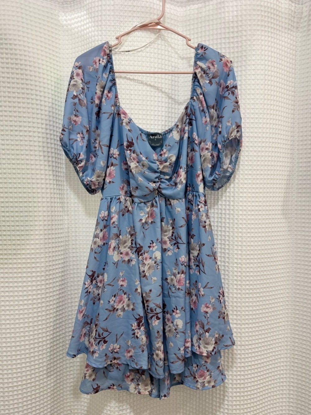 ARULA Sky Blue Floral Puff-Sleeve Mini Dress/Romper
